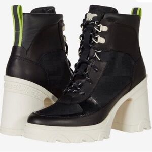 Sorel Brex Lace-up Booties in black, cream with lime green details.